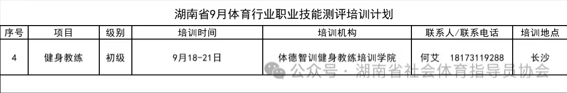 湖南省9月体育行业职业技能测评培训计划